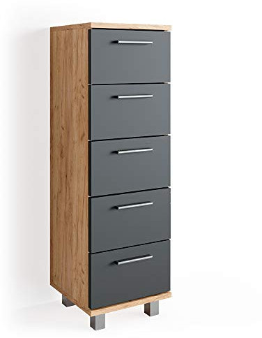 Vicco Badschrank Ilias, Badezimmerschrank mit Schubladen, Eiche/Anthrazit, 30 x 95 cm