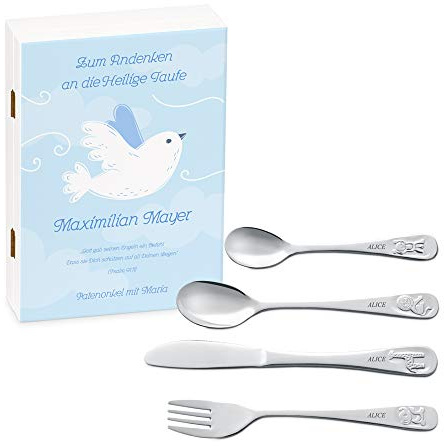 Maverton Kinderbesteck Set mit Gravur + Holzbox mit Aufdruck - mit Tieren - aus Edelstahl - Weiß - Geschenk für Jungen zum Geburtstag zur Taufe Geburt - Taube 2