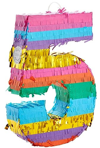 Pinata numéro 5 - Rayures arc-en-ciel - Thème anniversaire - Fournitures de fête - Taille S - 29,5 x 42 x 7,6 cm
