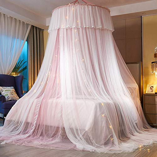 VARWANEO Tenda a baldacchino per letto da principessa, tenda a baldacchino a doppio strato in rete velata, zanzariera per letto matrimoniale, king size, rosa e bianco