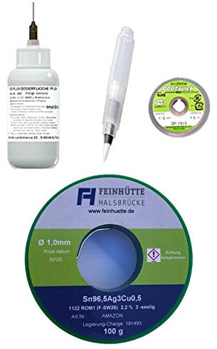 EO-FH SMD Profi-Set 002, 50 ml No-Clean Elektronik-Flussmittel 3,0% Feststoff, EO-Compact Flux-Pen (unbefüllt), Entlötlitze 1,5 mm x 1,5 m + 100 g Lötzinn 1,00 mm Durchmesser, Sn96,5Ag3Cu0,5