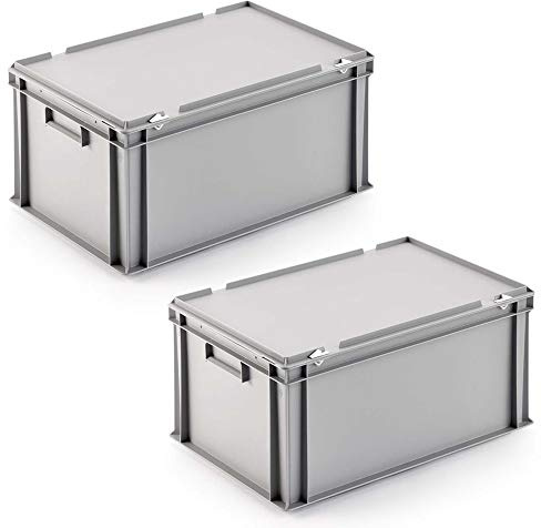 2 eurobox med gångjärnslock, LxBxH 600 x 400 x 290 mm, PP, livsmedelssäker, grå