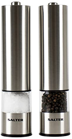 Salter ‎7522 SSTUR15 Juego De Molinillo De Sal y Pimienta Eléctrico, De Acero Inoxidable Y Con Mecanismo De Cerámica, Incluyen Luzes En La Base, Rellena Fácilmente, Con Diseño Elegante Plateado