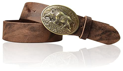 FRONHOFER Trachtengürtel mit Trachtengürtelschnalle Wildsau in Messing, 17953, Größe:Körperumfang 120 cm/Gesamtlänge 135 cm, Farbe:Vintage-braun