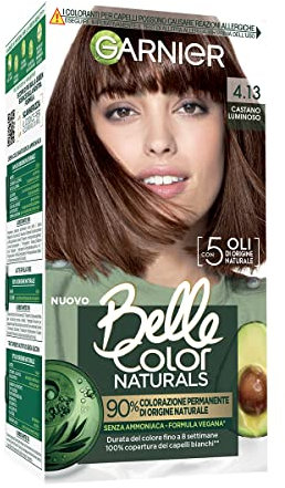 Garnier Colorazione Permanente Belle Color Naturals, Per un Colore Luminoso fino a 8 settimane, Senza ammoniaca al 90% di Origine Naturale, Castano Luminoso 4.13