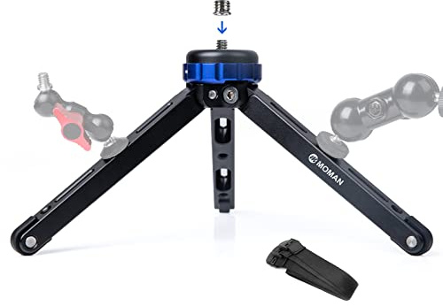 Mini Tripod, Moman Tabletop Travel Camera Tripod Desktop TR01 with 1/4 and 3/8 Screw Mount and Function Leg CNC Aluminum Design for Camcorder Gimbal Stabilizers Max Payload of 176 Lbs/80Kg, Blue Black