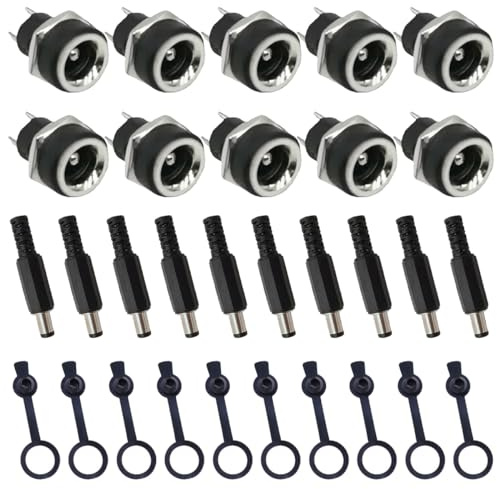Youmile 10 pezzi DC-022B presa jack di alimentazione CC 5,5 x 2,1 mm connettore femmina a 2 pin per montaggio a pannello con tappo impermeabile 10 pezzi, spina maschio CC 10 pezzi