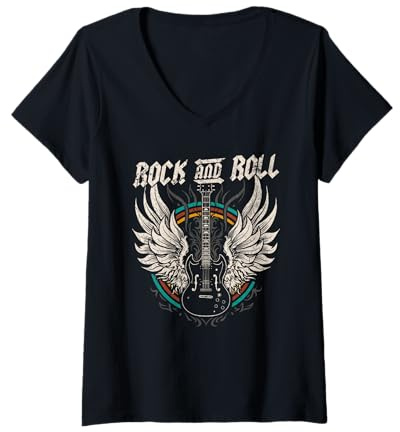 Damen Rock and Roll Gitarre Vintage Rock Music T-Shirt mit V-Ausschnitt