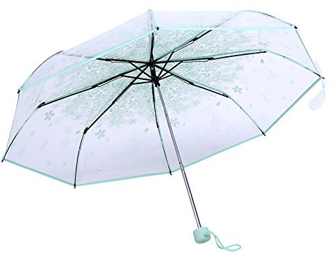 Ejoyous Parapluie Pliant Parapluie Transparent avec Fleurs, Sakura Parapluie Pliant Princesse Parapluie Motif Fleurs Léger Transparent Coupe-Vent Parapluie de Voyage Diamètre 93 Cm (Vert clair)