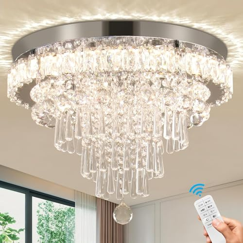 18 Inch Crystal Ceiling Light 5 Tier Flush Mount Dimmable | Dimmable LED Chandelier with Remote Control for Living Room Bedroom Dining Room and Hallway