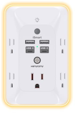 Multi Plug Outlet, HANYCONY Outlet Extender with 4 USB Ports (2 USB C) and Night Light, 1050J Surge Protector, Wall Mount, Outlet Splitter for Bathroom Kicthen Camper Dorm Room Essentials