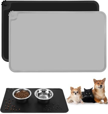 2-teiliges Set Napfunterlage Hund Katzen, wasserdichte und rutschfeste Silikon Fressnapf Unterlage, Futtermatte, Anti-Rutsch Haustier Fütterung Matte Placemats per animali (Schwarz&Grau, 48×30cm)