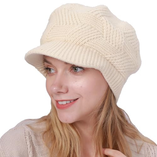 Huakunda Damen Winter Strickmütze Soft Warme Vintage Baskenmütze mit Krempe Gefüttert Schirmmütze für Frauen Slouch Beanie (DE/NL/SE/PL, Alphanumerisch, Einheitsgröße, Beige)