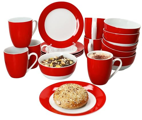 MamboCat Service de petit-déjeuner Variant rouge 18 pièces I 6 petites assiettes, bol 450 ml et tasse à café 350 ml, hauteur 10,3 cm pour 6 personnes I Vaisselle en porcelaine pour le petit déjeuner