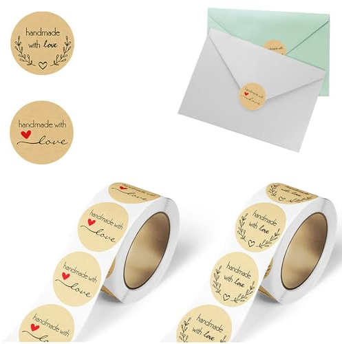 2 Rollen 1000 Stücke Aufkleber Selbstklebende Sticker,Love Aufkleber Sticker Kraft Selbstgemacht Mit Liebe Etiketten Rund Selbstklebend Geschenkaufkleber