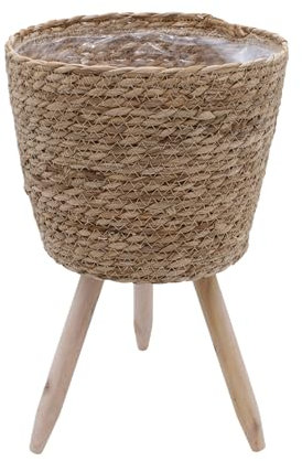 Spetebo Support de fleurs en paille avec film intérieur - 35 x 23 cm - Support de plantes en rotin avec 3 pieds en bois - Pot de fleurs décoratif avec pieds pour plantes d'intérieur, 91854