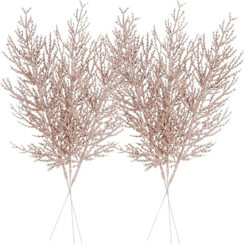 Sea Team 24-Pack Artificial Glitter Pine Tree Twig Ornaments, Decorative Sticks, Glittery Stems, Picks, Branches for Christmas Tree, Small Vase, Holiday, Wedding, Party, 14-inch, Rose Gold