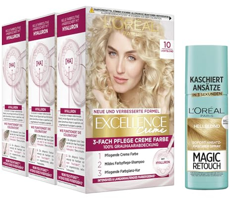 L'Oréal Paris Haarfärbe- und Ansatz-Kaschierset, 3x Permanente Haarfarbe Excellence Creme, Nr. 10 Lichtblond und 1x Ansatz-Kaschierspray Magic Retouch, Hellblond, [Amazon Exclusive Set], 4-teilig