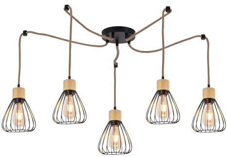 ZMH Pendelleuchte Esstisch Hängelampe Wohnzimmer - Esszimmerlampe Vintage Schwarz Kronleuchter 5 Flammig Retro Metall DIY Hanfseil aus Holz E27 Pendellampe für Schlafzimmer (ohne Leuchtmittel)