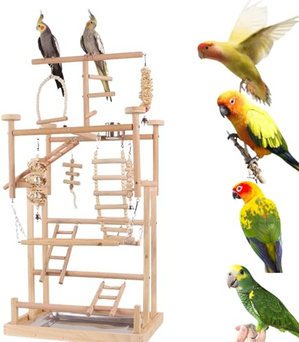 GOVNPJ Parrot Playstand – Grande supporto in legno per uccelli con tazze di cibo, scala e campane, 43 x 30 x 89 cm, parco giochi per uccelli per pappagalli, calopsite e piccoli uccelli