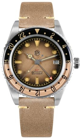 TACTICAL FROG San Martin SN0134 Automatik Tauchuhr, NH34 Uhrwerk, 40mm Aufzug, mechanische Armbanduhr mit Retro-Lederarmband, 20Bar wasserdicht, Saphirglas C3, grüne Leuchtmasse