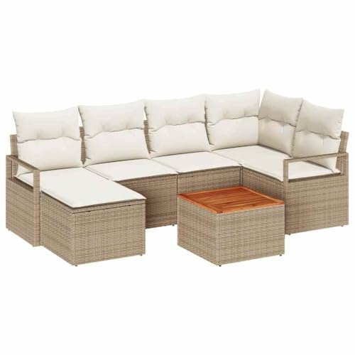 vidaXL 7 Delars Trädgårdsoffa Set med Kuddar Beige Poly Rattan Akacia