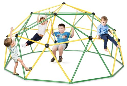 COSTWAY Kletterkuppel mit Schaukel, Ø 305cm Klettergerüst Outdoor groß, Kinder Spielplatz zum Schaukeln & Klettern, bis 363 kg Belastbar, für Kinder von 3 bis 12 Jahren (Grün + Gelb)