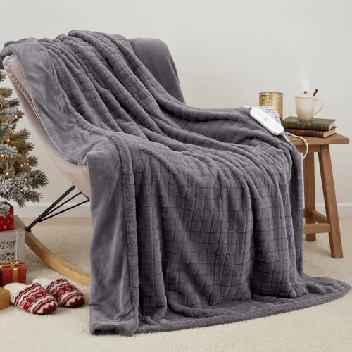 CURECURE Heated Throw Electric Blanket Extra Long 180cms, Luxury Faux Fur & Flannel Electric Over Blanket for Sofa Bed, Overheat Protection, 4 Heat Levels, 10H Auto-Off, Machine Washable, Grey