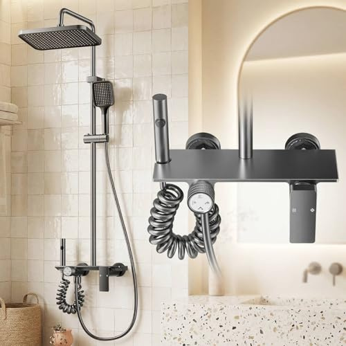 CALISTOUK 4 Modos Columna de Ducha con Grifo, Material de Aluminio de Aviación Sistema Ducha Lluvia Ducha Altura 65-105cm, ABS Rociador superior/Ducha de mano para Baño