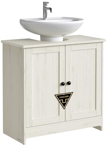 SONGMICS HOME Bathroom Under Sink Cabinet, Superfast Toolless Assembly, Floor Standing Storage Cupboard Basin Unit, Adjustable Shelf, for Washbasins with/without Pedestal, Rustic White BBC223WJ01