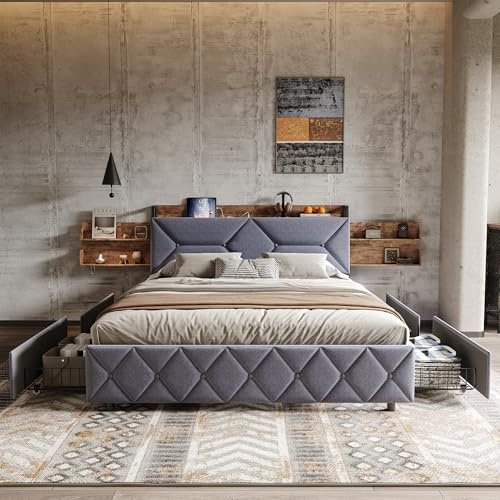 PerGar Sängklädselsäng 140 x 200 cm med förvaringsutrymme, dubbelsäng med 4 lådor, säng med förvaringsutrymme och sänggavel, metallram och ribbotten av trä, för sovrum, gästrum, utan madrass, linne