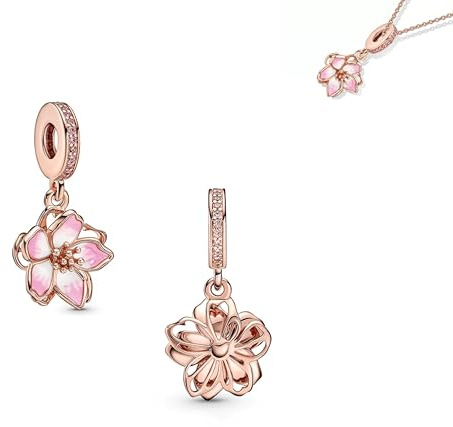 Anduonie Charms Argent 925 Charm Or Bouchon Perles Charms Pendants pour Bracelets, Red Charm Pendants, compatible avec les bracelets européens et collier pour femmes (Fleurs de cirisse d'or rose)