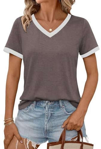 Cuptacc T Shirt Femme Fashion Col V Haut Femme à La Mode Blouse à Manche Courte Chic Chemisier Élégant Marron XL 46-48