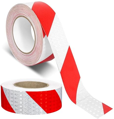 SKIKHN Bande Reflechissante Autocollante,25m X 5cm Ruban Réfléchissant Rouge et Blanc,Ruban Adhésif d'Avertissement de Sécurité Visible,étanche Rubalise Rouge et Blanc pour Voiture,L'extérieur