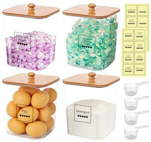 Waschmittel Aufbewahrung, 4 Stück 2800ml Wäsche Pods Behälter Set , Waschmittelbox Mit Deckel Luftdicht, Wäschepods Behälter Mit 2 Aufkleber & 4 Schaufeln Für Waschpods, Badebomben, Wäscheparfüm