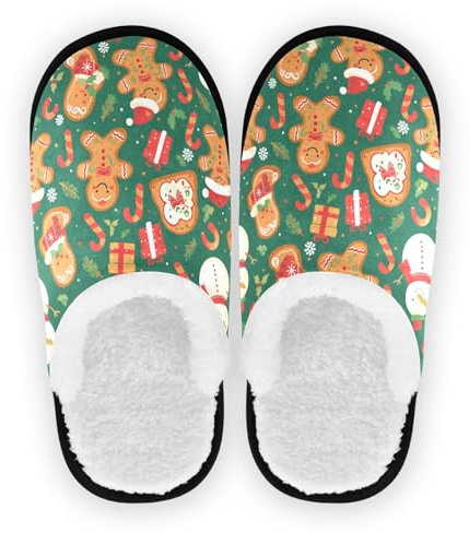 GuoChe Hemskor för män kvinnor luddig fleece halkfri gummisula mjuk hustofflor skor inomhus utomhus vinter sovrum M, Pepparkakor God Jul, Medium