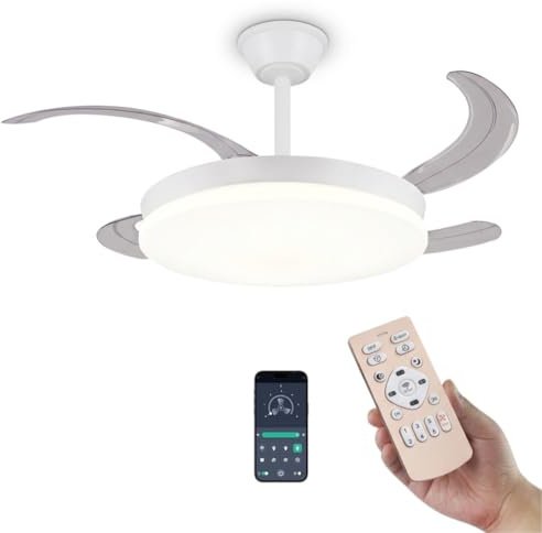 FAN PROJECT Ventilador de Techo Blanco Silencioso con LED - Ventiladores Retractil con Tonos de Luz y Función Verano e Invierno con APP - 30 W Motor DC con 4 Aspas (1)