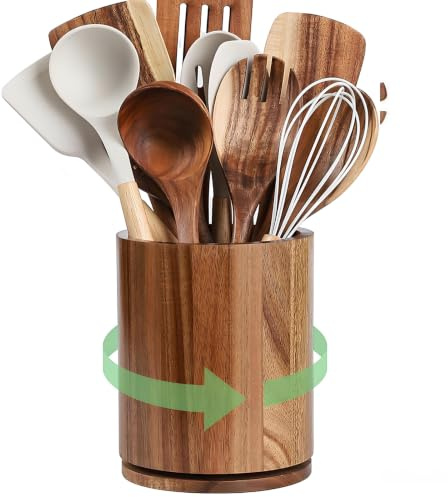Kisstta Drehbar Küchenutensilienhalter, Holz Utensilienhalter Küche, Behälter für Küchenutensilien, Küchenhelfer Aufbewahrung für Küche, Kochutensilien, Besteckbehälter, Löffel und Spatel (Holz 1)