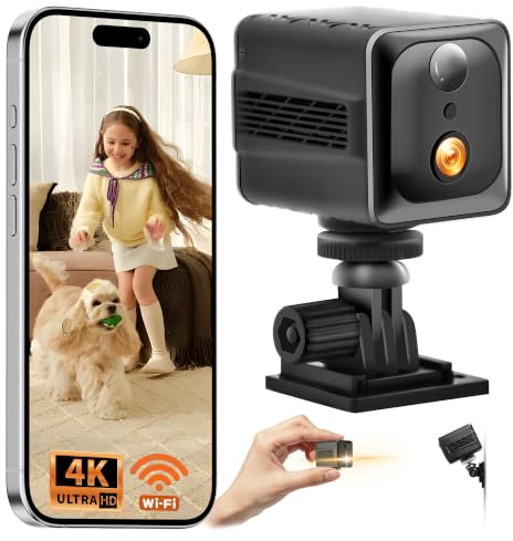Mini Telecamera WiFi Interno 4K UHD, Telecamera Senza Fili per Casa | Mini Camera con Batteria da 3000mAh (60 Giorni in Modalità di Attesa), Microcamera Senza Fili Interna, Visione Notturna
