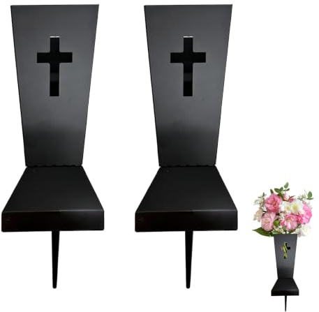 Grabvase, 2 Stück Grabvase mit Erdspieß 10,5 x 10,5 x 25 cm Metall-Gedenkvase für Grabgestecke mit Ausgehöhltes Kreuzdesign Friedhofsvase mit Abflusslöcher für Gärten Rasen Grab Ehrenmale Beerdigungen