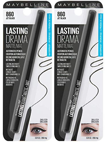 Maybelline Eyestudio Lasting Drama Waterproof Matte Gel Pencil Black Eyeliner Makeup, Jet Black, 2 Count