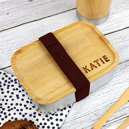 eBuyGB Personalised Metal Lunch Box, Eco Friendly Food Container with Reusable 2 Piece Wooden Cutlery and Lid, Kids Lunch Bag, Lunch Containers, School Dinner Box