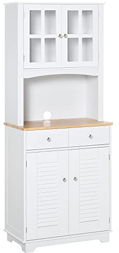 HOMCOM Buffet de Cuisine Armoire de Cuisine 2 placards 2 Portes persiennes et acryliques 2 tiroirs Grande Niche Bois Caoutchouc MDF Blanc