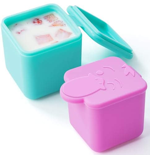 Homotte Leakproof Dips Containers Compatible with Most Bento Lunch Box, 2x 4 oz Salad Dressing Container To Go, Small Silicone Snack Condiment Container with Lids for kids (Pink/Teal)