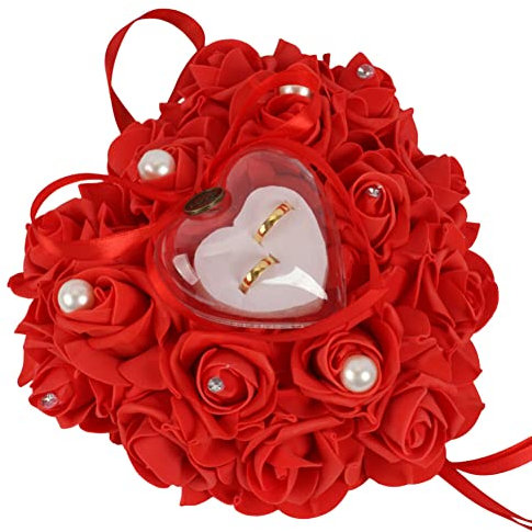 Ehering Kissen,Romantische Rosen-Herzform Ehering Box Satin Bowknot und Strass Herzförmig Ringhalter Hochzeits-Ringkissen Geschenk Ring Box Kissen Schmuckschatulle Für Eheringe Ringe,Rot