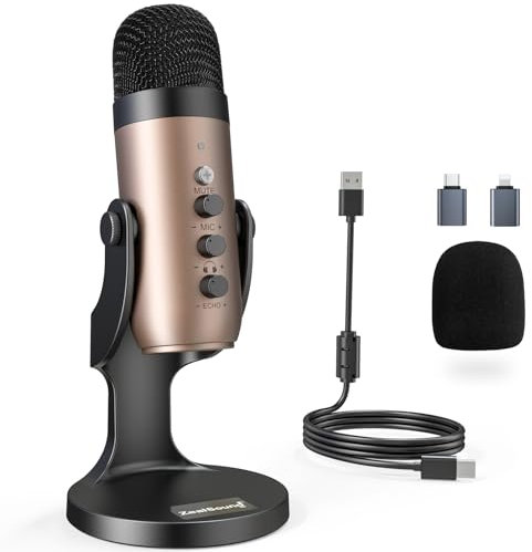 zealsound Micrófono USB,Mic Condensador PC,Plug&Play PS 4&5, Adaptador teléfono&Control Volumen,Control de Ganancia de micrófono,Grabación de ASMR,Transmisión de podcasts Youtube Mac&Windows, Oro