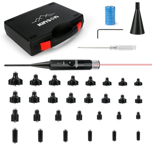 KinZon Kit de réglage de la visée Laser Professionnel calibres 0.17 à 0.78 (12GA) Laser Bore Sight, viseur à alésage Rouge, 30 adaptateurs, avec Embout pour améliorer la stabilisation, Chasse,Airsoft