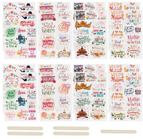 WANDIC 16 Blatt Rub-On-Transfer-Aufkleber, Weihnachten, Halloween, Jahreszeit, Urlaub, mehrere Themen, Aufkleber für Scrapbook, Tagebuch, Planer, Album