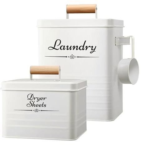 Cruleen Farmhouse Metal Laundry Pods Container with Dryer Sheet Holder for Organization and Storage, Laundry Room Decor - Holds 156 Pods and 300 Sheets (White)