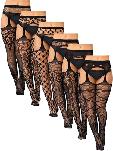 Jadive 6 Pairs Women Plus Size Fishnet Thigh High Stockings Suspender Garter Belt Lingerie Pantyhose Tights(Black,Xl-xxxxl,Patterned)